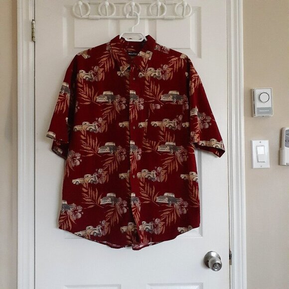 Puritan Vintage Men's Size XL Dark Red Hawaiian Antique Truck Button Down Shirt - Picture 2 of 11